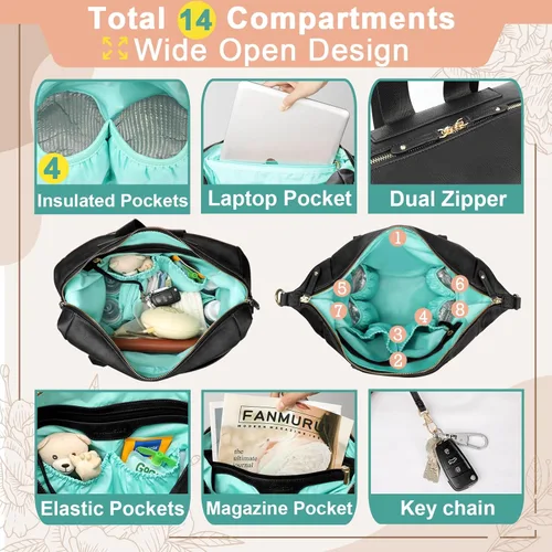 Miniatura 4 de MOMINSIDE Mochila para pañales, hobo convertible, bolsa de bebé grande con 14 bolsillos, 6 bolsas para botellas, bolsa para toallitas, bolsillos