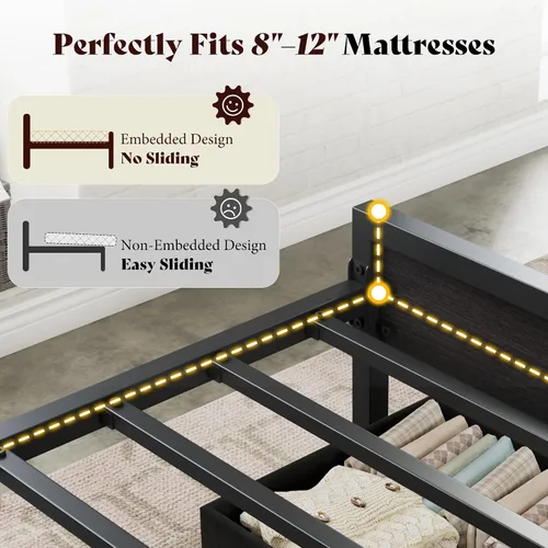 Miniatura 7 de AMERLIFE Base de cama individual con luz LED y 2 cajones de almacenamiento, plataforma de metal con cabecera de almacenamiento, tapizada