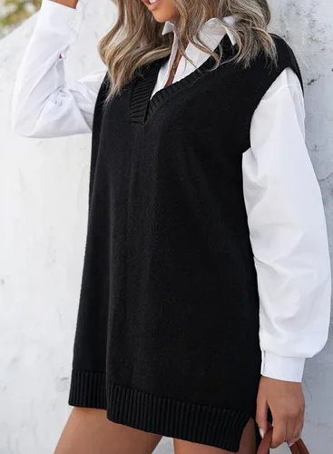Miniatura 3 de EVALESS Chaleco Suéter de Gran Tamaño para Mujeres Cuello en V Sin Mangas Color Sólido Suéter Pullover Suelto