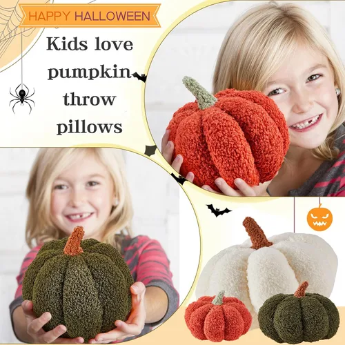 Miniatura 4 de Juexica 3 piezas de almohada de calabaza de felpa esponjosa con forma de calabaza 3D, decoración de otoño, Acción de Gracias, Halloween, cojín