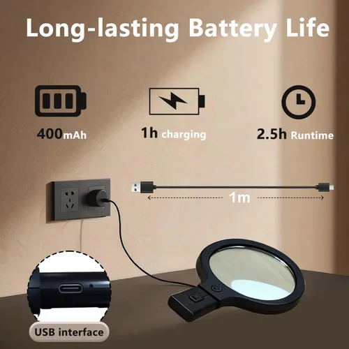 Miniatura 6 de Lupa manos libres 5X con luz, lupa de cuello recargable para lectura, manualidades, punto de cruz, brillo ajustable para personas mayores de baja
