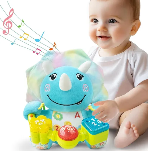 Ryotagift Juguetes de peluche de dinosaurio musical bilingüe para bebés, juguete de aprendizaje temprano con música iluminada y arrugado, juguetes