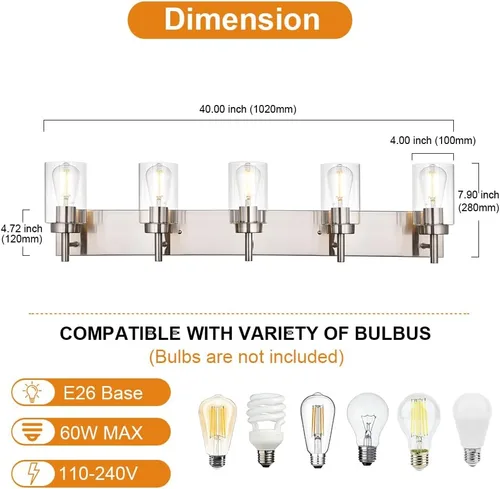 Miniatura 4 de Lámpara de tocador de baño de 5 luces, apliques de níquel cepillado, iluminación de pared, moderna lámpara industrial de montaje en pared