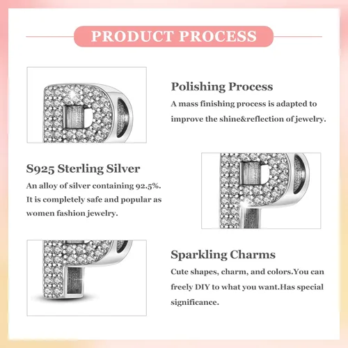 Miniatura 75 de PARCOM Dijes de letras compatibles con pulseras Pandora de plata esterlina S925 con iniciales para pulseras del alfabeto A-Z, cuentas de letras