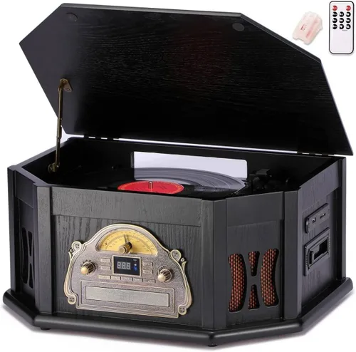 ORCC Tocadiscos 10 en 1, tocadiscos nostálgicos para discos de vinilo con Bluetooth, 2 altavoces integrados, CD, cassette, radio AM/FM, USB, ranura