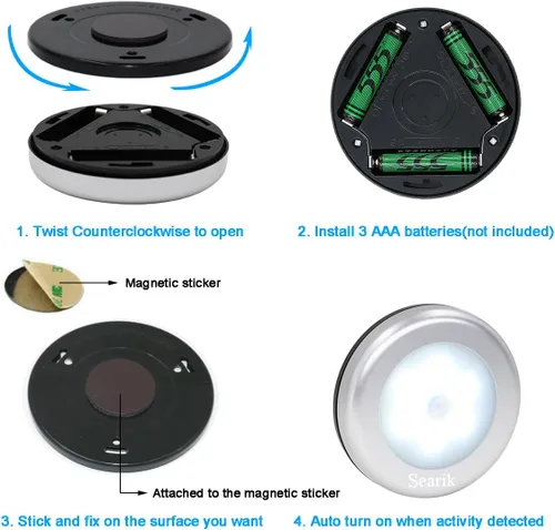 Miniatura 3 de 3 piezas de luz con sensor de movimiento para interiores, Searik luz nocturna LED magnética alimentada por batería, luces para escalones, luz