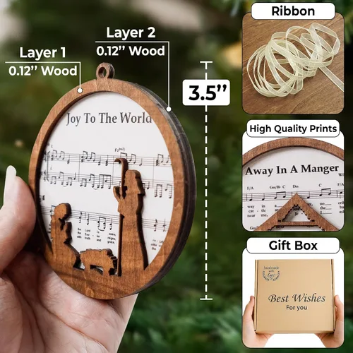 Miniatura 3 de Paquete de 5 adornos de natividad de partitura musical de madera a granel, adorno de escena católica de Navidad, recuerdo cristiano, decoración