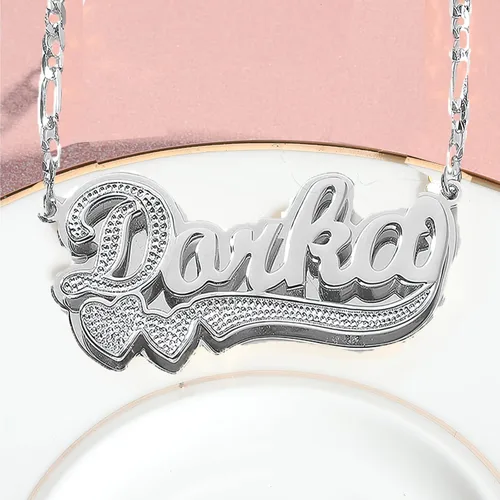 Miniatura 4 de Drawelry Collar con nombre personalizado de dos tonos con placa de oro de 18 quilates, chapado en doble corazón, placa con dije de placa de nombre