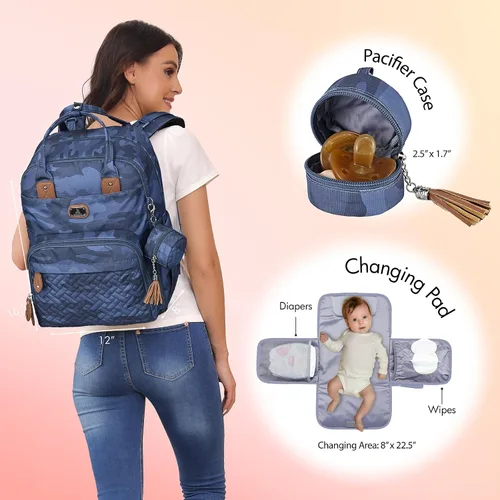 Miniatura 2 de Dikaslon Mochila para pañales con cambiador portátil, funda para chupete y correas para cochecito, bolsas de bebé unisex grandes para niños y niñas