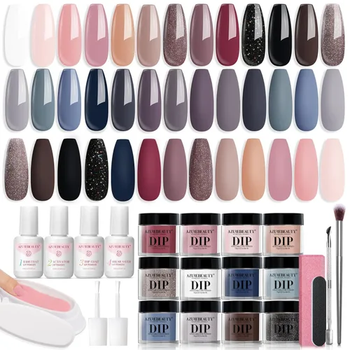Miniatura 12 de AzureBeauty Kit de iniciación de polvo de inmersión para uñas, color azul, rojo, verde, purpurina, 31 piezas, 20 colores, polvo de inmersión