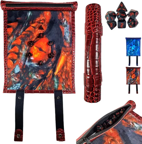 Dungeon - Alfombrilla rodante de dados 2 en 1 de dragón y soporte para dados + juego de dados poliédrico D&D, 7 piezas, pergamino plegable portátil