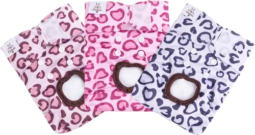 Miniatura 2 de CuteBone Pañales para perros hembras para ciclo de calor, paquete de 3 unidades, estampado de leopardo y corazón D54M