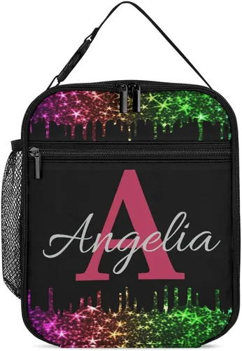 Miniatura 18 de Bolsa de almuerzo con nombre personalizado para hombres y mujeres, con monograma de purpurina azul, hielera, portátil, con nombre, para niñas, azul
