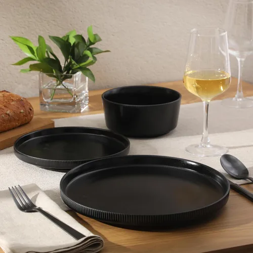 Miniatura 2 de Gibson Home Dempsey Road - Juego de vajilla de gres de 12 piezas – Servicio para 4, platos y cuencos redondos negros, juego moderno de platos