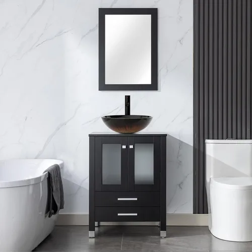 LUCKWIND Combinación de tocador de baño de 24 pulgadas con lavabo, serie elegante con marco pintado, armario de almacenamiento de baño de dos