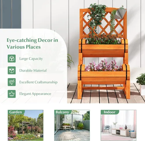 Miniatura 8 de S AFSTAR Cama de jardín elevada de 2 niveles con enrejado, maceta de madera con enrejado de diamante, maceta elevada para plantas trepadoras de vid