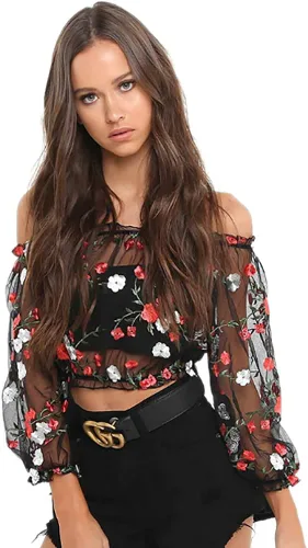 RARITYUS Mujeres Sexy Floral Bordado Mesh T-Shirt Tulle Manga Corta Ver a través de Crop Tops