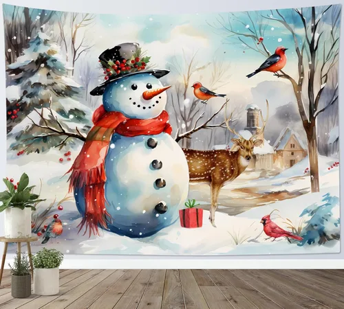 Miniatura 2 de LB Tapiz navideño de muñeco de nieve, bosque de pinos de invierno con ciervos cardenales, tapiz de pared para dormitorio, tapiz colgante de pared