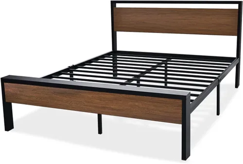Miniatura 8 de SHA CERLIN Base de cama de plataforma metálica de tamaño completo de 14 pulgadas con cabecero y pie de cama de madera, base de colchón, no necesita
