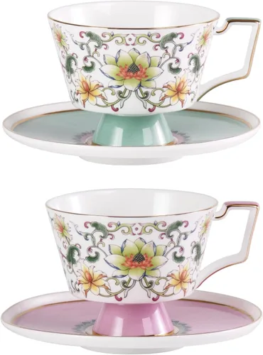 Miniatura 22 de KAMMAK Juego de 2 tazas de café de cerámica, tazas de café de porcelana con platillos, 6.52 onzas hechas a mano, elegante taza de té de porcelana