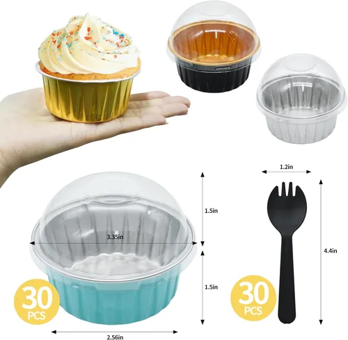 Miniatura 2 de Moldes desechables dorados, 30 unidades, 5 onzas, mini tazas de aluminio para hornear con tapas, forros para cupcakes de crema brulee, moldes