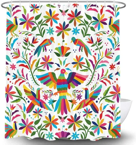 Miniatura 8 de Cortina de ducha con diseño floral de México, para baño, estilo tradicional mexicano Bluebird Otomi, diseño brillante, tela de cachemira, tela