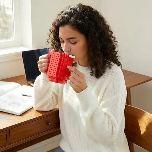 Miniatura 6 de Lumsburry Taza de café de ladrillo integrada, divertida taza de bricolaje con bloques de construcción creativa para niños, hombres y mujeres, Rojo