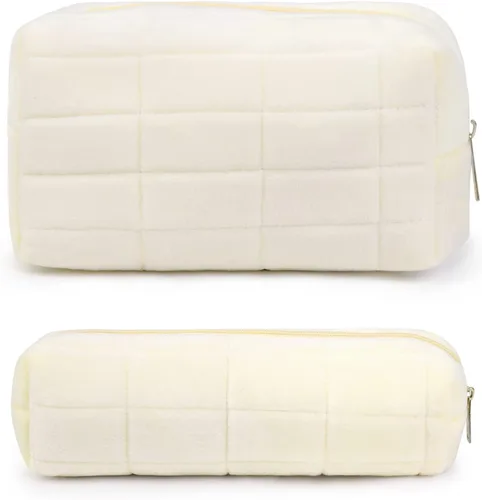 SOIDRAM Bolsa de Maquillaje a Cuadros Bolsa Cosmética de Felpa Blanca Bolsa de Maquillaje 1 Pieza de Gran Capacidad Bolsas de Maquillaje y 1 Pieza