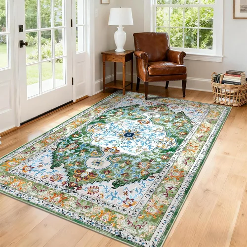 Miniatura 84 de U'Artlines Alfombra de Área Bohemia Lavable, 2x3 Pequeña Suave Antideslizante Vintage Felpudo para Puerta Frontal Interior Alfombra Verde