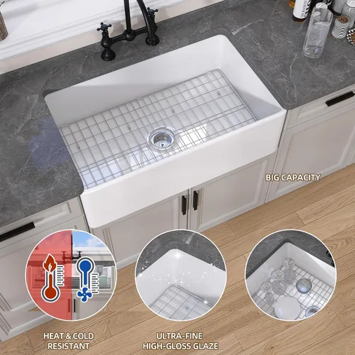 Miniatura 4 de GETPRO Fregadero de cocina de granja blanco de 30 pulgadas, delantal de arcilla refractaria, fregadero de granja frontal para montaje inferior