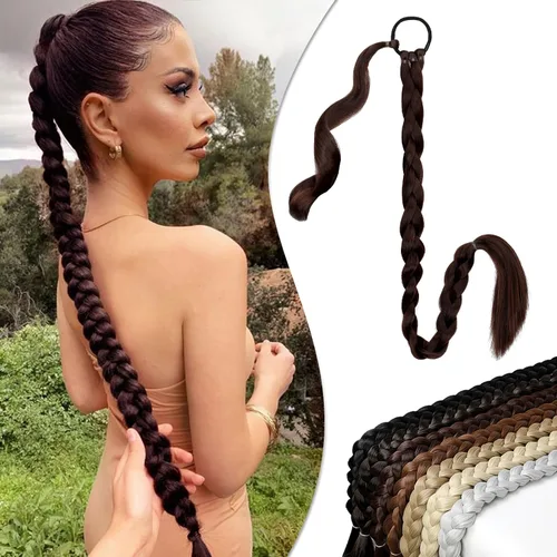 Miniatura 12 de Extensión de cola de caballo larga trenzada con banda para el cabello, color marrón claro, extensiones de cabello sintético suave y natural