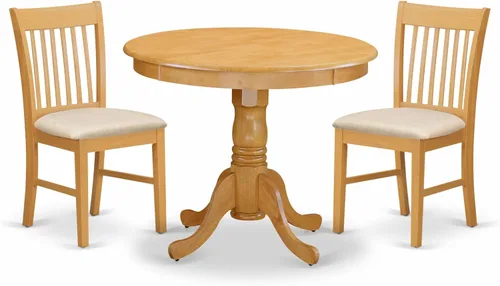 East West Furniture ANNO3-OAK-C - Juego de mesa de cocina de 3 piezas para espacios pequeños contiene una mesa de comedor redonda con pedestal y 2