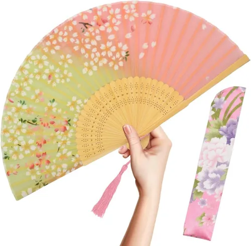 OMyTea abanico plegable de mano para mujer - abanico de bambú y seda vintage chino/japonés plegable - para sofocos, iglesia, EDM, festival de