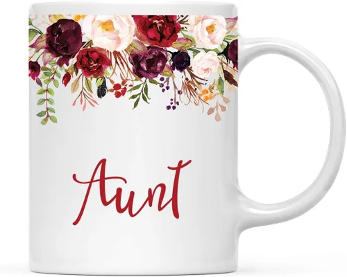 Andaz Press Taza de té de cerámica para el día de la madre, regalo de 9.5 fl oz, otoño, marsala, flores burdeos, rosas, flores, tía, 1 paquete,