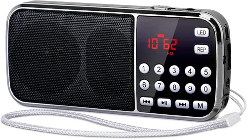 Miniatura 7 de PRUNUS J-189 Radio FM Bluetooth AM, pequeña radio portátil – altavoz dual graves pesados, linterna LED, tamaño de bolsillo, tarjeta TF USB AUX Rojo