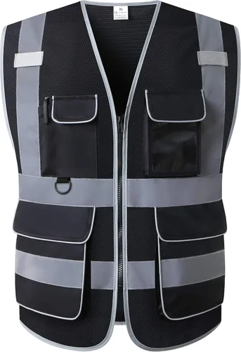 LOHASPRO Chaleco de seguridad de alta visibilidad, chaleco reflectante de malla con bolsillos para hombres y mujeres, estándares ANSI/ISEA Negro 01