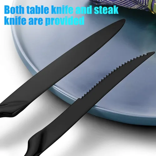 Miniatura 5 de Lemeya Juego de cubiertos negros de 24 piezas con cuchillos para carne, juego de cubiertos de acero inoxidable 18/10 forjado para 4, juego