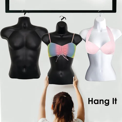 Miniatura 3 de Maniquí negro para hombre + mujer negra, forma de inyección, cintura media redondeada, cuerpo torso, forma de vestido con ganchos para colgar