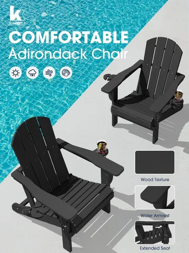 Miniatura 4 de KINGYES Silla plegable Adirondack con portavasos dobles - Sillas de exterior de HDPE para todo clima, silla de patio tipo madera para el patio Negro