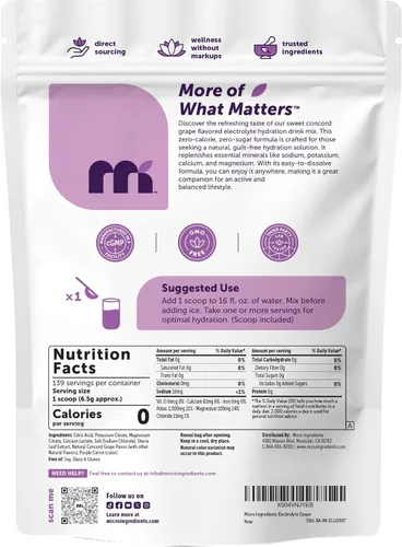 Miniatura 7 de Micro Ingredients Polvo de electrolito de hidratación, 2 libras (139 porciones), sabor a uva Concord, alto en potasio (1,000 mg) + agua de coco, sin