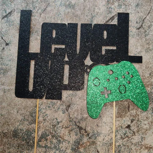 Miniatura 6 de Level Up - Decoración para tartas con purpurina negra y verde para fiesta de videojuegos, controlador de videojuegos, fanáticos de juegos, temática