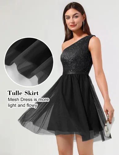 Miniatura 4 de BeryLove Vestido de lentejuelas para mujer, con purpurina brillante, un hombro, vestido de fiesta, club, vestido de fiesta bodycon vestido