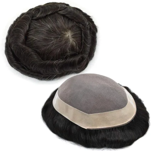 Miniatura 29 de Peluca de cabello humano monofilamento fino para hombre tipo tupé de polietileno alrededor del sistema de cabello, peluca duradera de monofilamento