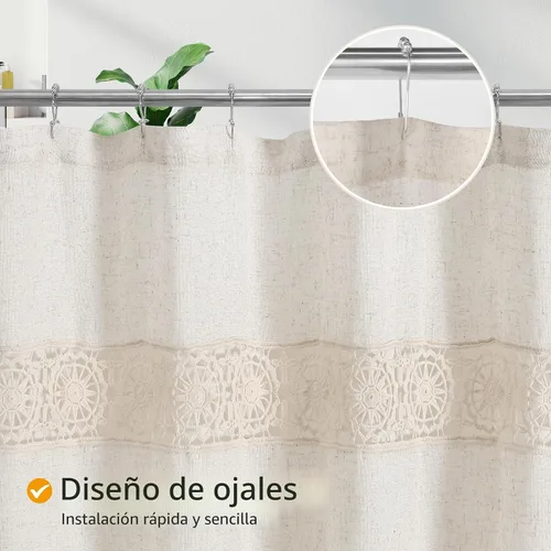 Miniatura 5 de Gibelle Juego de Cortina de Ducha Boho Farmhouse, Cortina de Ducha de Tela de Algodón y Lino con Decoración de Encaje Macramé, Cortina de Baño Beige