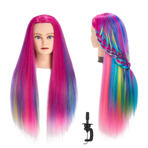 Miniatura 14 de Cabeza de maniquí 26-28" Cabeza de maniqui de fibra sintética Yaki para peluquería, modelo de entrenamiento de cosmetología, cabeza de muñeca