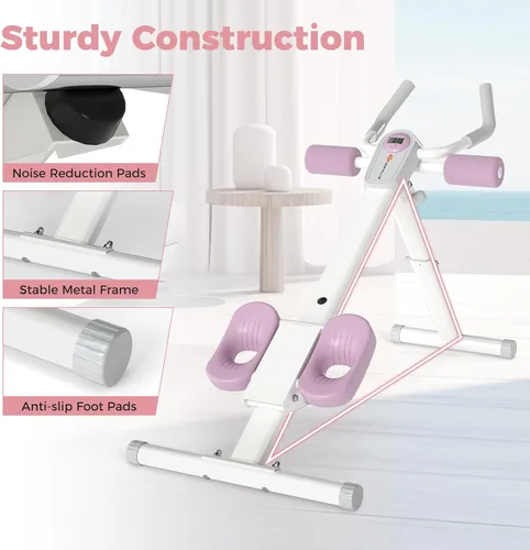 Miniatura 9 de Goplus Máquina de entrenamiento abdominal ajustable, equipo de entrenamiento plegable para abdominales con protección de rodilla, monitor LCD, Rosa