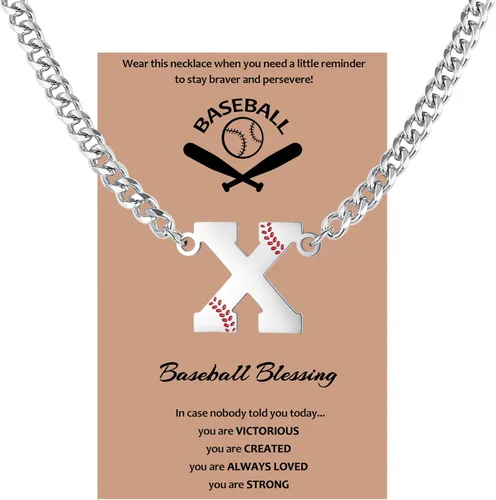 Miniatura 26 de QINJIEJIE Collar de béisbol inicial A-Z con letras, accesorios deportivos, colgante de encanto de béisbol, joyería de cadena de acero inoxidable 2-P