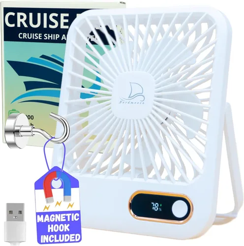 Miniatura 9 de Ventilador de Cabina para Crucero Aprobado - Gancho Magnético Incluido Para Colgar en Paredes - Portátil Recargable USB y Enchufe, Función de Negro