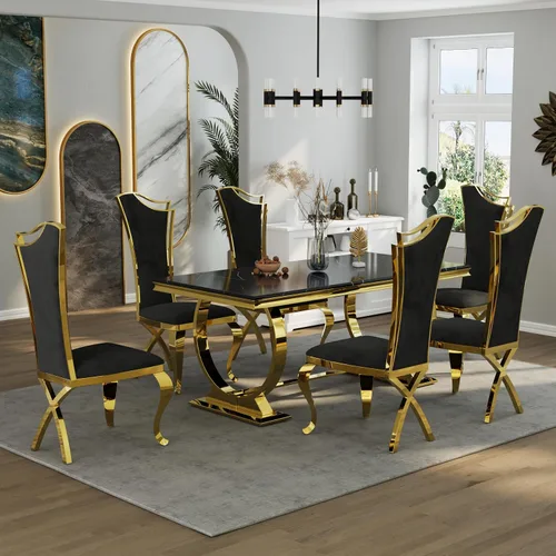 Miniatura 4 de Asday Mesa de comedor negra y dorada, mesa de comedor de lujo de 70 pulgadas con base en U de metal de acero inoxidable dorado para 4-8
