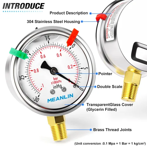 Miniatura 3 de MEANLIN MEASURE - Manómetro de vacío de presión -30inHG~0Psi, esfera con cara de 2.5 pulgadas, NPT de 1/4 de pulgada, manómetro de acero inoxidable